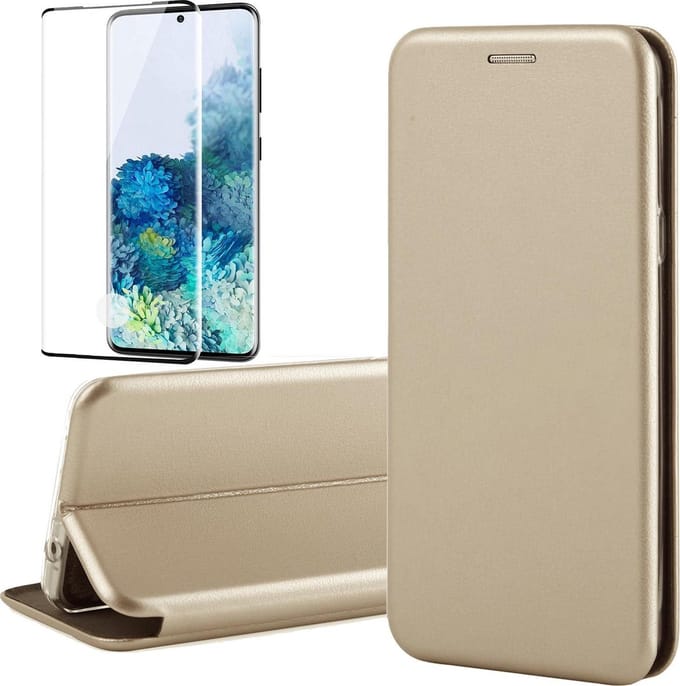 Hoesje geschikt voor Samsung Galaxy S20 Plus - Screen Protector FullGuard - Book Case Kunstleer ThinShield Goud & Screenprotector