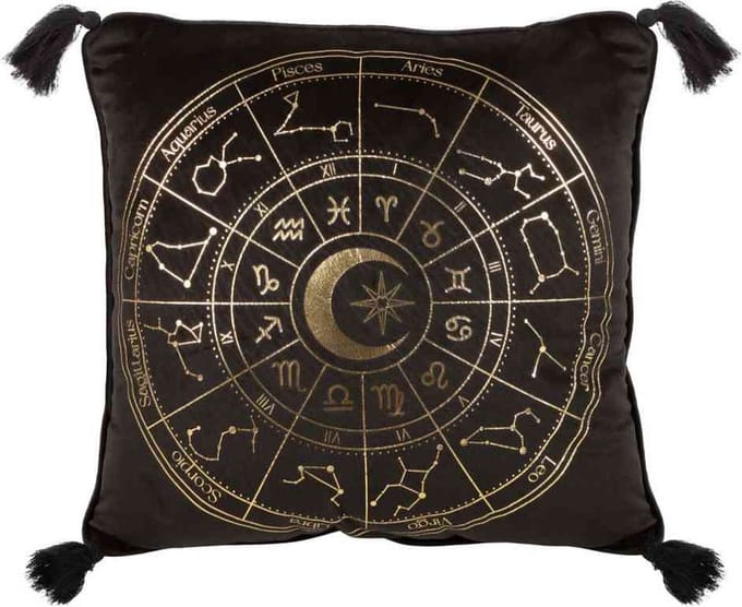 Something Different - Astrologie Wiel Fluwelen Kussen - 35cm - vierkant zwart /goudkleurig