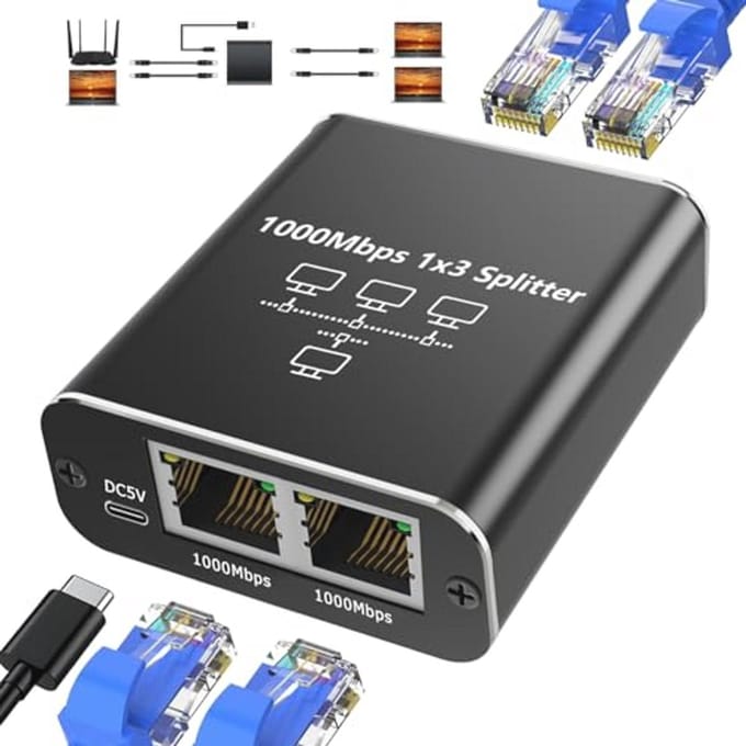 LAN-splitter 1 naar 3 met 1000 Mbps netwerkswitch en USB-stroomkabel