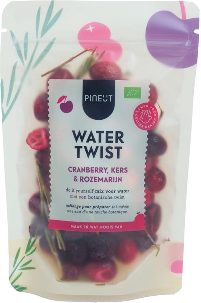 Pineut Watertwist BIO – Cranberry, Kers & Rozemarijn – Smaakwater Mix in Pouch – Cadeau