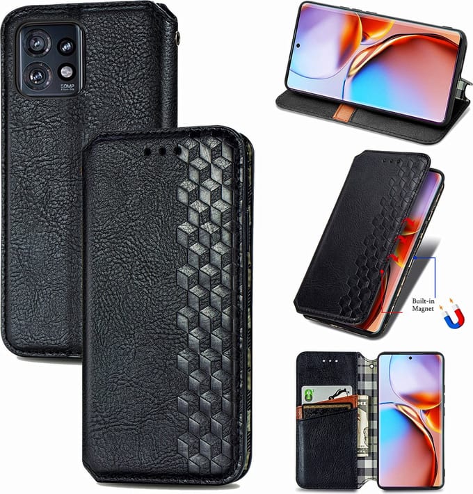 Luxe PU Lederen Ruitpatroon Wallet Case + Glas Screenprotector voor Edge 40 Pro _ Zwart