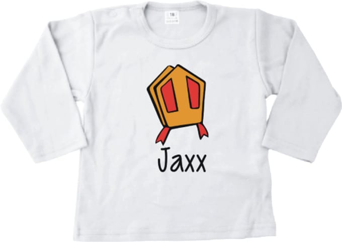 Sinterklaas Shirtje –Wit lange mouw maat 80- Eigen Naam & Leuke Print mijter – Uniek Cadeau