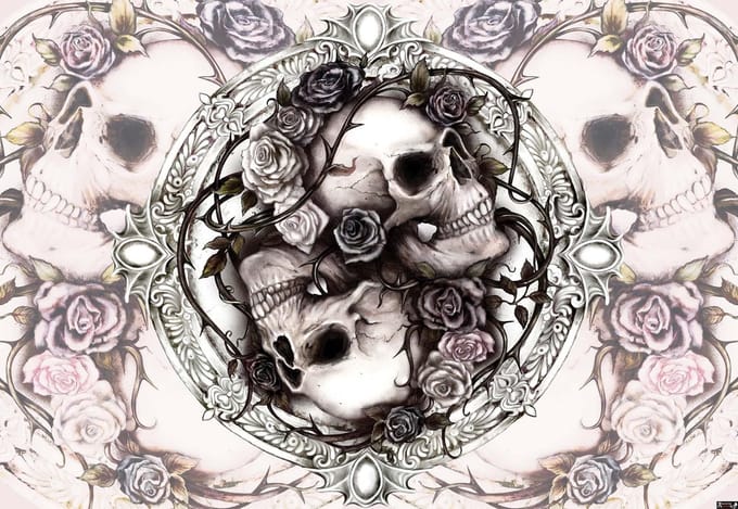 Fotobehang Skull Alchemy Roses | PANORAMIC - 250cm x 104cm | 130g/m2 Vlies