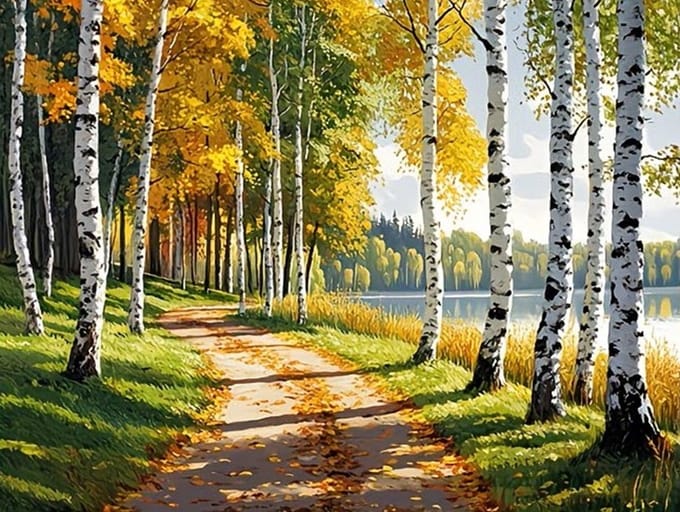 50x40cm Diamond Painting berken bospad (rond) nr 111