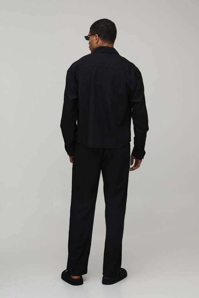 Oversized Boxy Long Sleeve Linen Co-Ord Blend Shirt | Black | Size Small