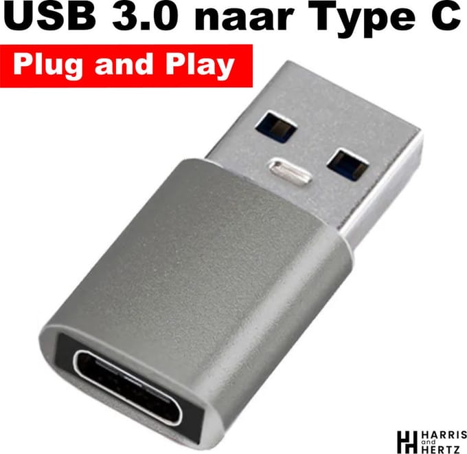 Harris and Hertz HHA-002 kabeladapter/verloopstukje USB 3.0 type A naar USB type-C , Zilver