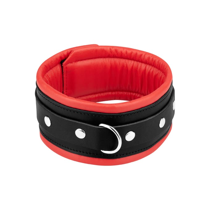 Rimba - Brede En Gevoerde Leren collar Met D-ring Zwart/Rood
