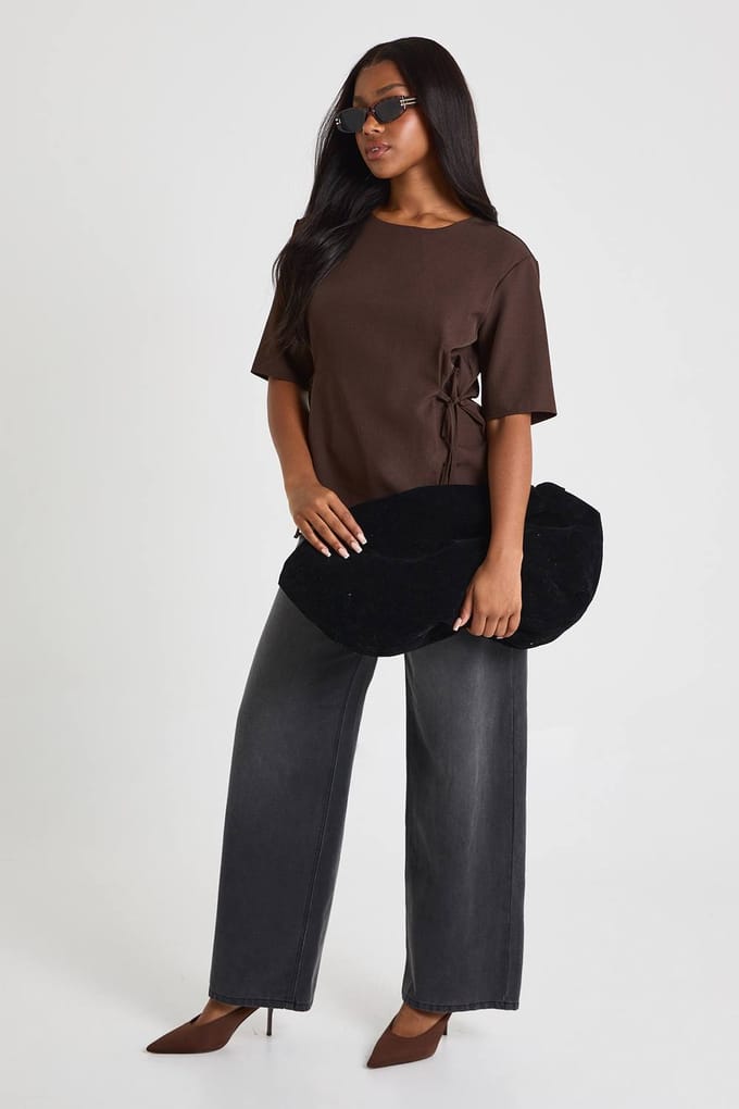 boohoo Dames Geweven Marl Top met strikdetail en gesnoerde taille | Chocoladebruin | Maat: 38