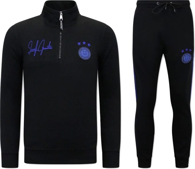 Heren Joggingspak - Half Zipper, Double Ribbon - Zwart / Blauw
