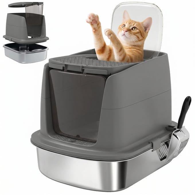 PawHut Cat Litter Box-Edelstahl, ABS-52,4L x 41,3B x 39,8H cm-Dunkelgrau