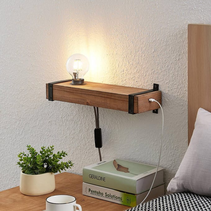 Lindby - Wandlamp hout - 1licht - Hout, metaal - H: 10 cm - E27 - bruin, zwart