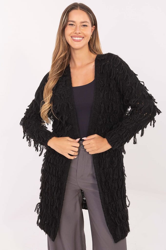 Cozy Fringe Cardigan - Schwarz / Einheitsgröße