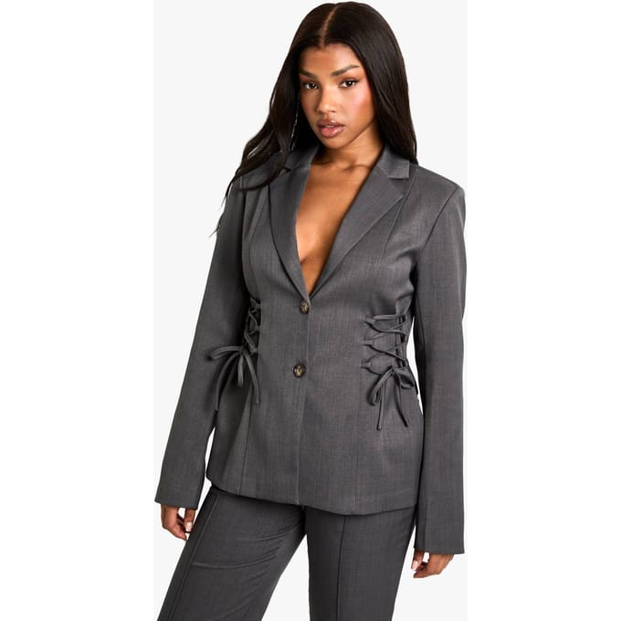 boohoo Dames Geweven op maat gemaakte blazer met vetersluiting | Houtskool | Maat: 38