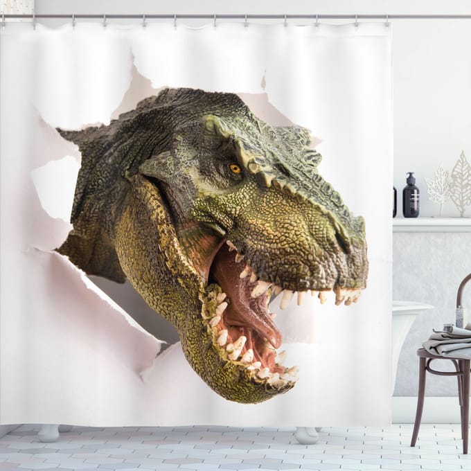 ABAKUHAUS Dinosaurus Douchegordijn – 175x220 cm – Polyester – Groen