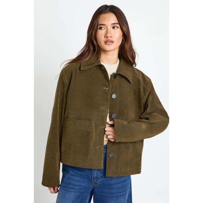 boohoo Dames Suede Look Doorknoop Shacket | Khaki | Maat: 8