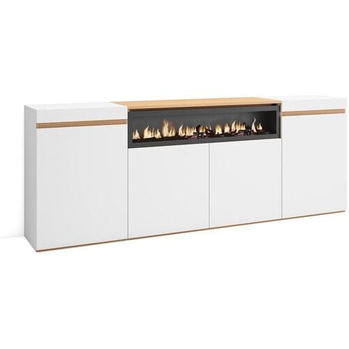 Skraut Home Dressoir, Opbergkast, 200x35x75cm, 4 Deuren, Elektrische haard, Wit en Eiken soft