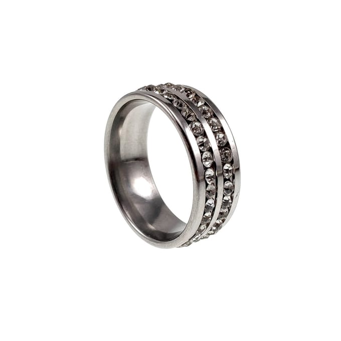 Brede Ring met Dubbele Rij Steentjes, Ring Dames, Gepolijst RVS