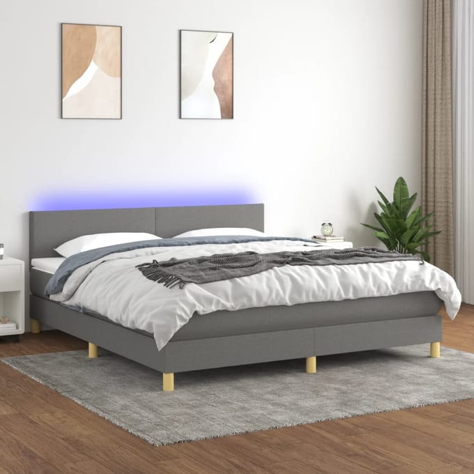 vidaXL - Boxspring - met - matras - en - LED - stof - donkergrijs - 180x200 - cm