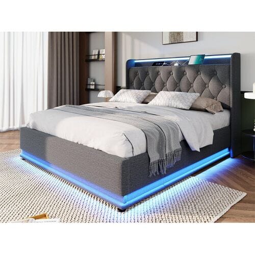 ModernLuxe Linnenopbergbed 180x200cm - met LED- en USB- en Type-C-aansluitingen - Grijs