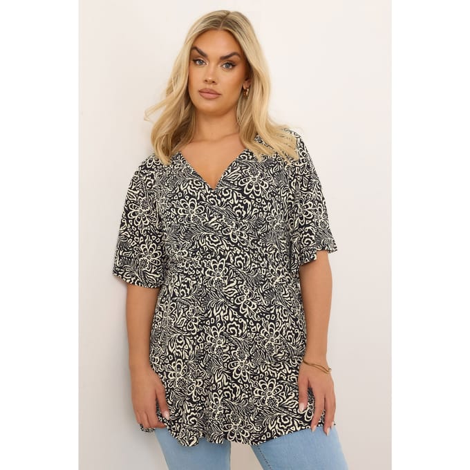 Yours Wikkeltop Met Bloem En Bladerprint In Zwart Size 48