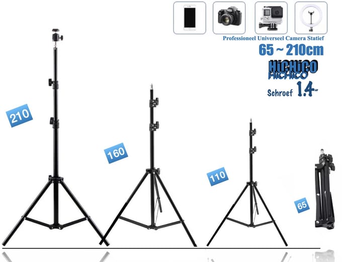 Tripod - Statieven - Lampstandaard - Camera Statief 210cm + Telefoonhouder, 360 ° horizontaal en Bluetooth Remote Shutter – HiCHiCO