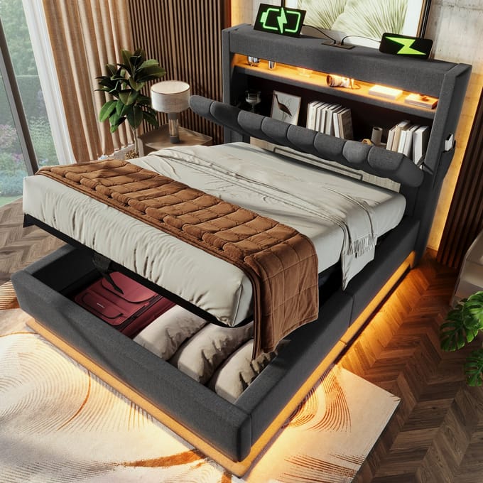 MODFU Bedframe 90x200 cm – Linnen met LED (app) & hydraulisch – Grijs