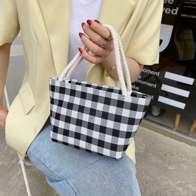 Dames Handtas Geruite Canvas Tas Werk School Lunchtas Draagbare Opbergdoek Tas 15*9*15cm kaki