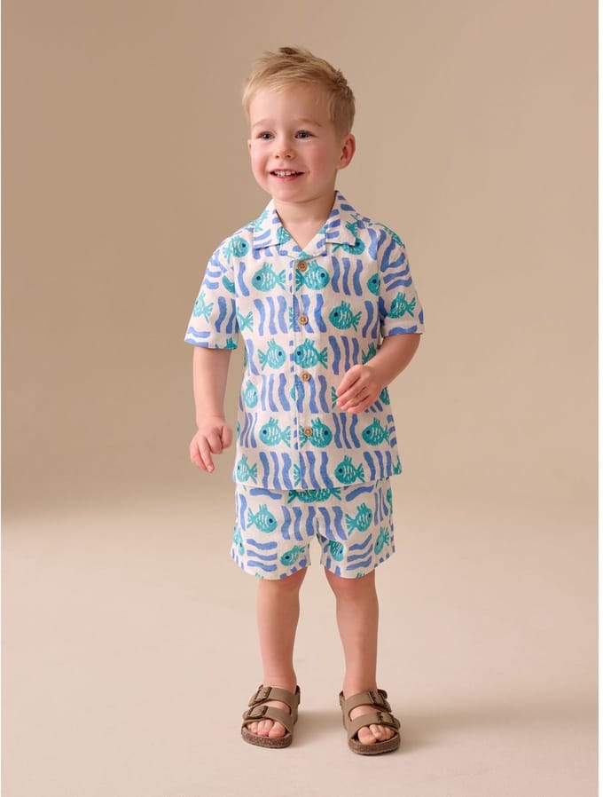 Next - Jongens - Set met overhemd met korte mouwen en reverskraag en korte broek - Wit