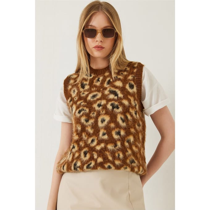 Leopardprint Ribbels Brei Sweater Vest