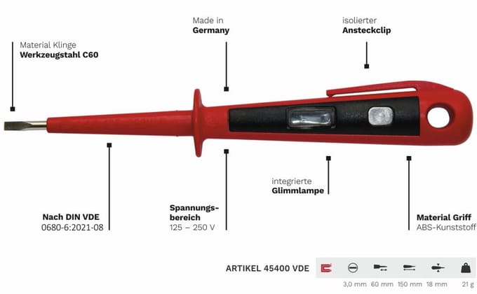 Eurotester / Spanningstester tot 250 V - VDE Getest, 150 mm, Rood/Zwart