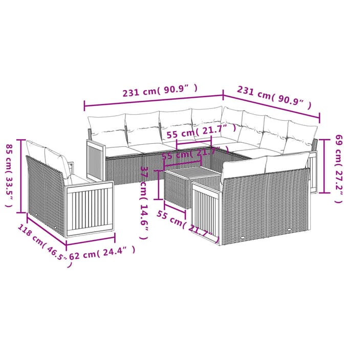 vidaXL - 12-delige - Loungeset - met - kussens - poly - rattan - beige