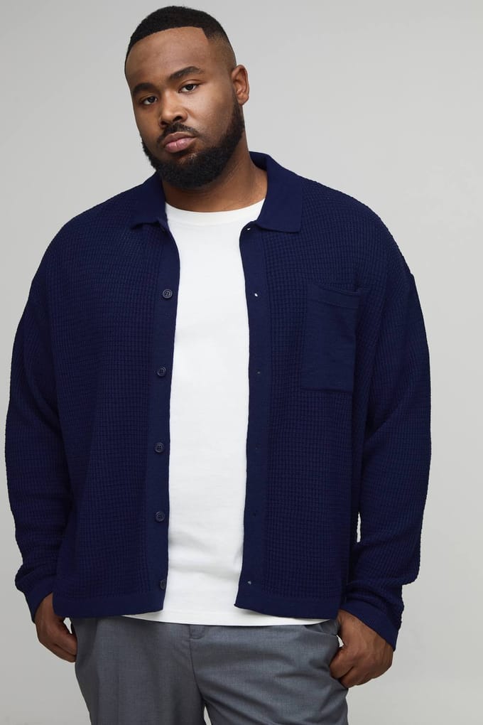 Plus Boxy Rib Long Sleeve Knitted Shirt | Navy | Size 2XL