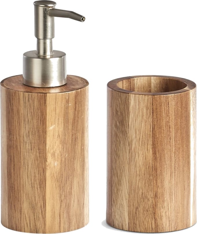 Badkamer setje zeeppompje met beker van luxe acacia hout