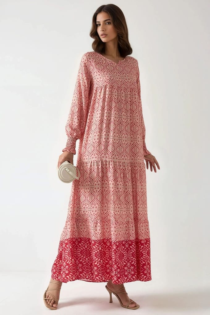 Geprinte Viscose Maxi Jurk met Ronde Hals