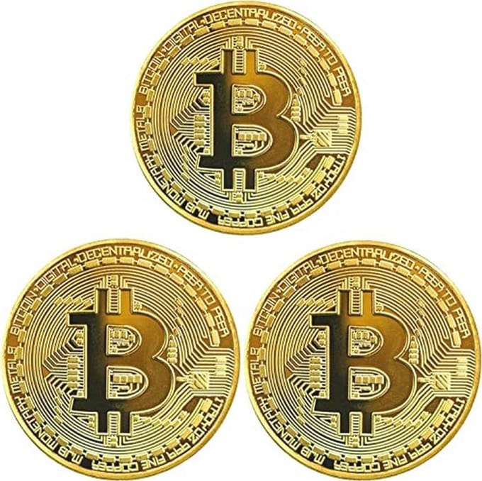 Vergulde Bitcoin Herdenkmunt - Set van 3 - Luxe Verzamelstuk voor Crypto Fans