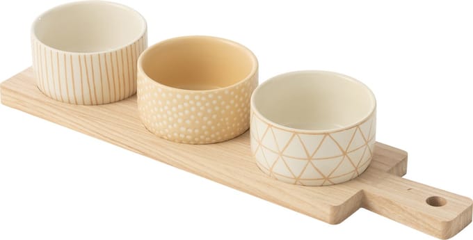 J-Line tapasplank 3 kommen + bambouschaal In Doos - keramiek/hout - wit/creme
