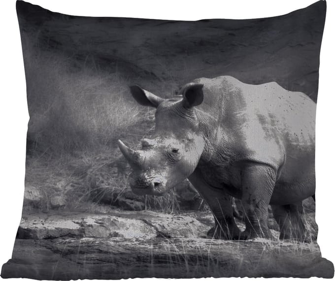 Tuinkussen - Neushoorn - Natuur - Gras - Zwart - Wit - 40x40 cm - Weerbestendig