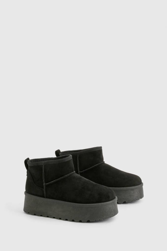 boohoo Dames Platform Laarzen met Nepbontvoering | Black | Maat: 7