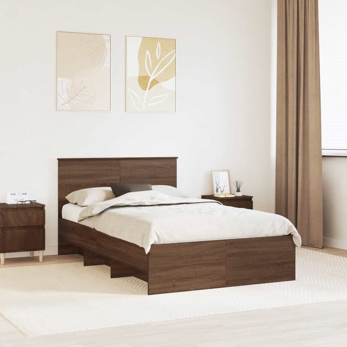 vidaXL - Bedframe - met - hoofdeinde - Bruin - Eiken - 120 - x - 123 - cm - Bewerkt - hout