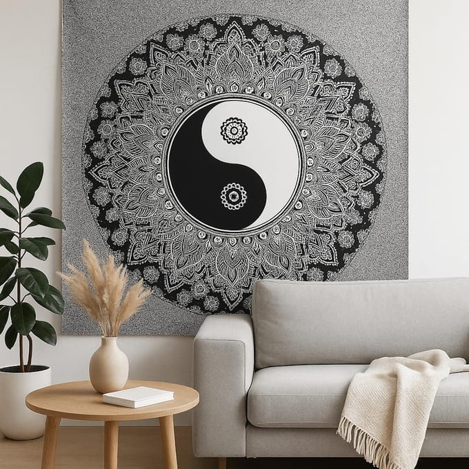 Ancient Wisdom - Sprei - Zwart-wit katoenen tweepersoons sprei - beddengoed - dekbed - slaapkamer - decoratie - textiel - bedlinnen