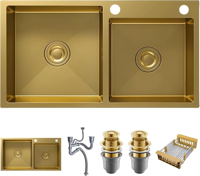 Dubbele RVS Spoelbak Goud 75x40 cm Inbouwgootsteen met Afdruiprek