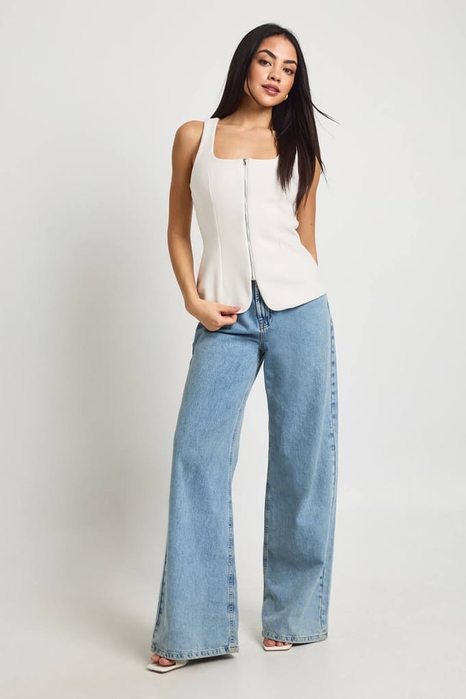 boohoo Dames Wollen Look Zip Voorkant Longline Top | Ivory | Maat: 8