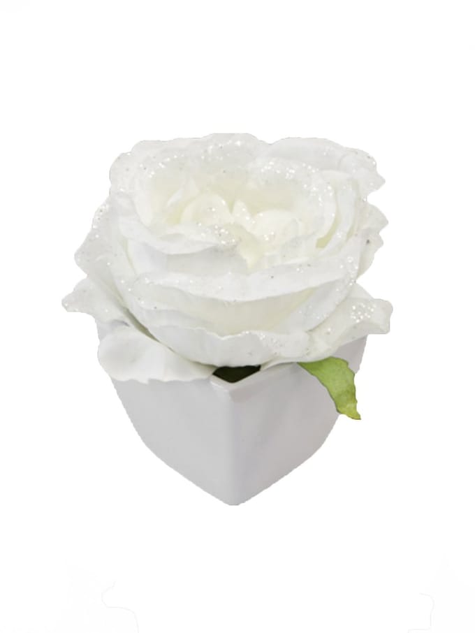 HOBI - Witte kunstroos met gouden glitters in witte pot 8 cm
