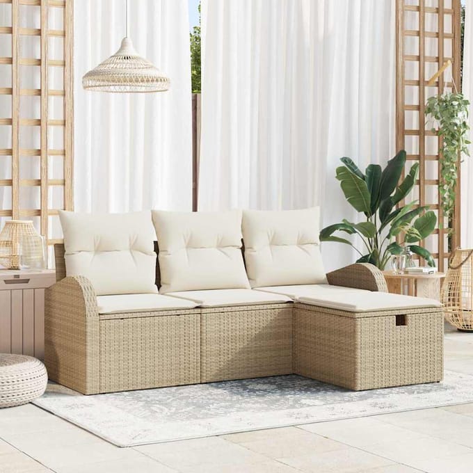 vidaXL - Bankstel - 4 - st - Beige - en - Crème - poly - rattan