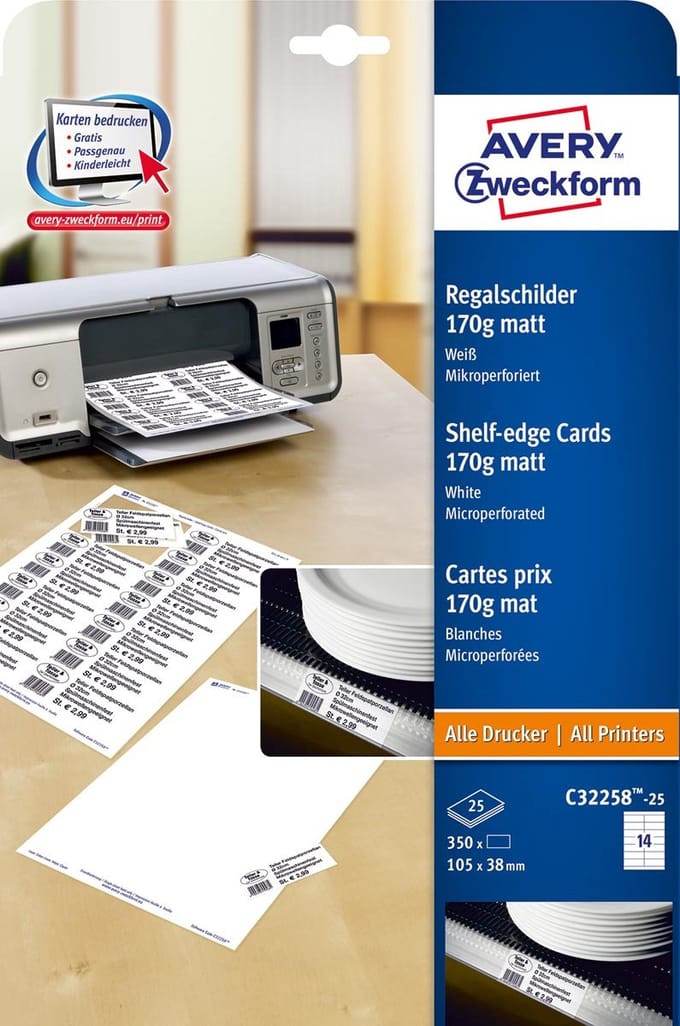 Schapkaarten Avery 105x38mm 170gr wit 25 vel 14 kaarten per vel
