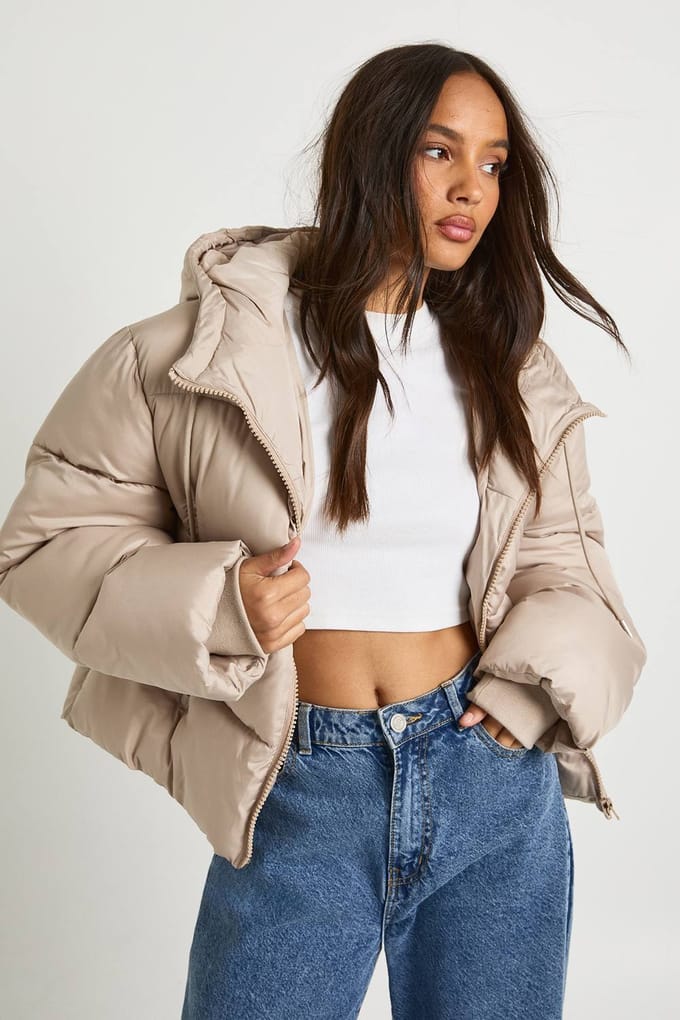 boohoo Dames Capuchon gevoerde pufferjas | Stone | Maat: 6