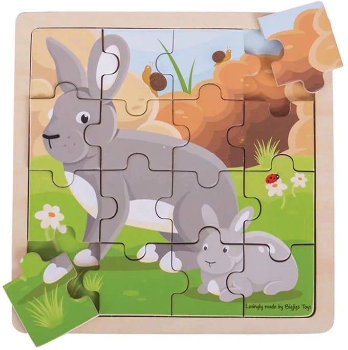 Puzzel - Konijn met jong - Hout - 18x18cm - 16st.