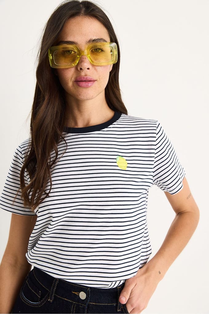 Gestreepte Geborduurde Katoenen T-shirt