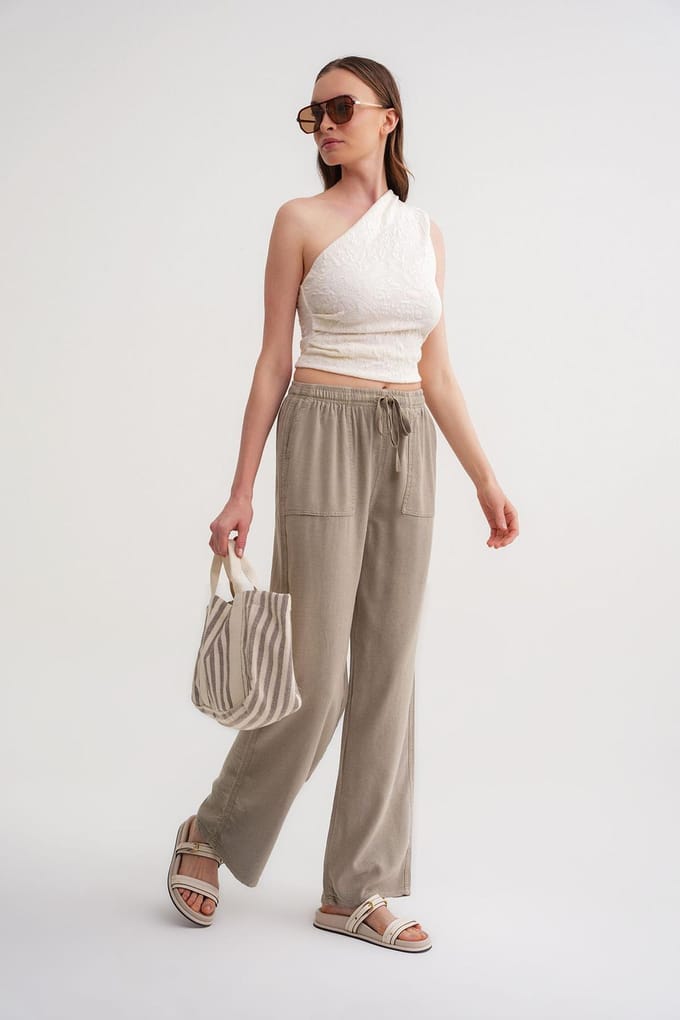 Mid Waist Rechtafstaand Katoenen Broek met Striksluiting