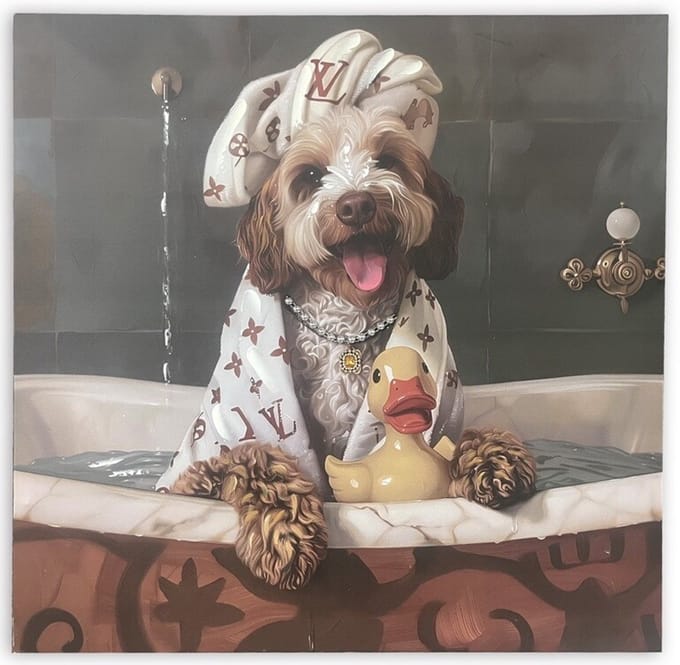 Schilderij hond in bad 60cm